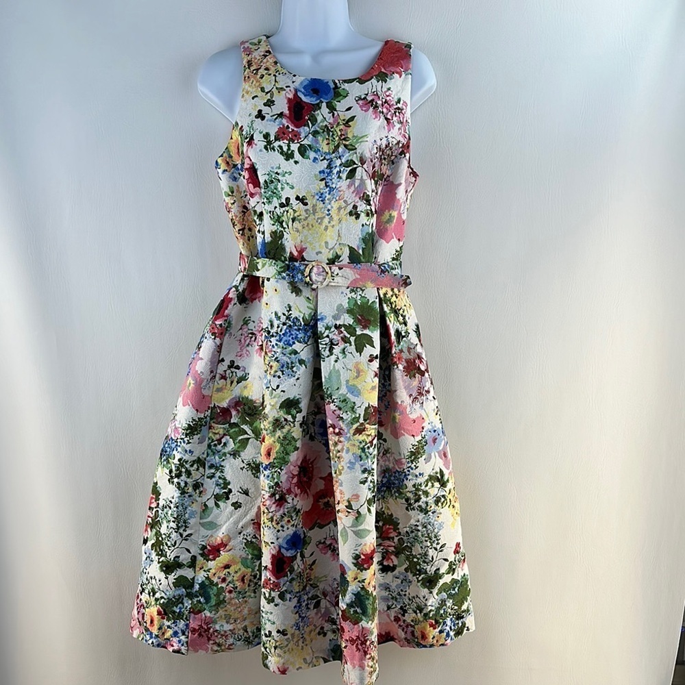 Danny & Nicole Floral Midi Dress in White with Pink, Blue, Yellow & Green